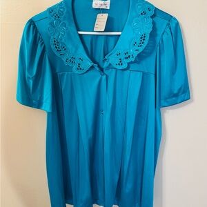Vanity Fair Blue Pajama Top with Floral Embroidery